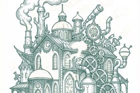 Intricate steampunk factory building with domed roofs, smokestacks, gears, and piping that emits steam.