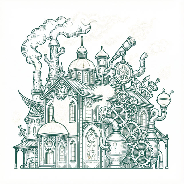 un chateau magnifique mais complique - majordome du net - Le majordome du net Intricate steampunk factory building with domed roofs, smokestacks, gears, and piping that emits steam.